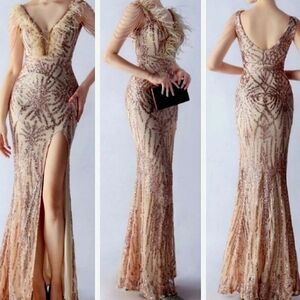 Gold, Geo Print, Ostrich Feather V Neck,  Beaded Sleeves,  Sequined Mermaid Gown